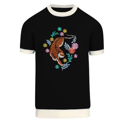 OXKNIT T-Shirt Herren Kurzarm Schwarz Vintage Gestrickt Rundhalsausschnitt Shirt mit Stickerei Tiger Blumen von OXKNIT