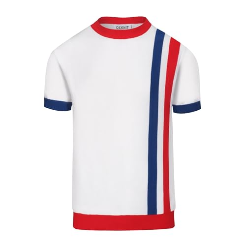 OXKNIT T-Shirt Herren Kurzarm Weiß Vintage Gestrickt Rundhalsausschnitt Shirt mit Blau Rot Stripe von OXKNIT