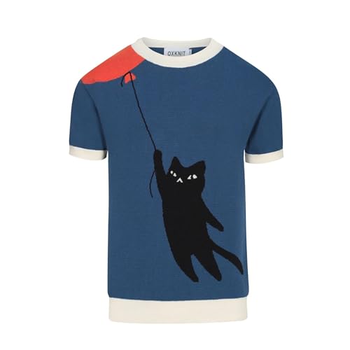 OXKNIT T-Shirt Kurzarm Herren Blau Katze Vintage-Strickwaren Top mit Rundhalsausschnitt von OXKNIT