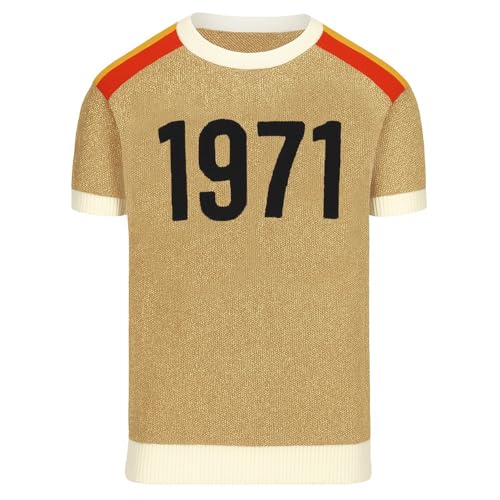 OXKNIT T-Shirts Kurzarm für Herren Retro Khaki Strick Top aus Baumwolle mit 1971 Jacquard Freizeit Sport Golf Shirt von OXKNIT
