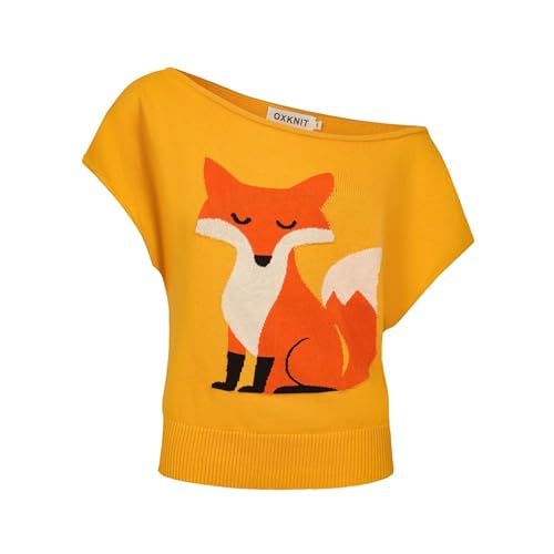 OXKNIT Tshirt Damen Gelb Off Shoulder Oberteil mit Fuchs Sommer Strick Baumwolle Freizeit T-Shirt–Kurze Version von OXKNIT