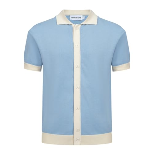 OXKnit Poloshirt Herren Kurzarm Lässiges Vintage-Stil der 1960er Jahre mit klassischen Knöpfen Blau Polohemd Shirt von OXKnitstore