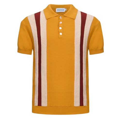 OXKnit Poloshirts für Herren Kurzarm Gestreiftes Strick-Polo Golf Polo Baumwolle Retro Button Down Shirts von OXKnitstore