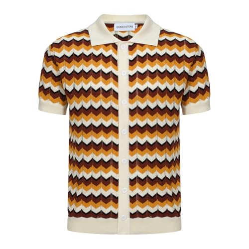 OXKNIT Herren Casual 1960er Mod Style Knit Retro Poloshirts Kurzarm Weich Bequem Erhältlich in Big Tall, Streifen-Braun-Gelb, XL von OXKnitstore