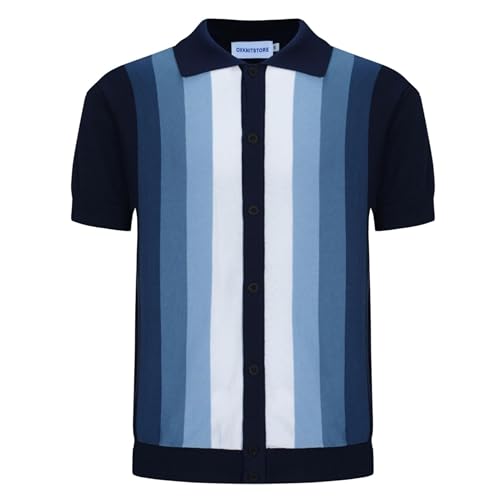 OXKnitstore OXKNIT Herren Casual 1960er Mod Style Streifen Gestricktes Retro Poloshirt Weich Bequem Erhältlich in Groß & Tall, B-Blau, XL von OXKnitstore