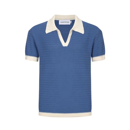 OXKNIT Herren Casual 1960er Mod Style Vintage Strick-Poloshirt Kurzarm Golf-Shirts Weich Bequem, B-Blau, L von OXKnitstore