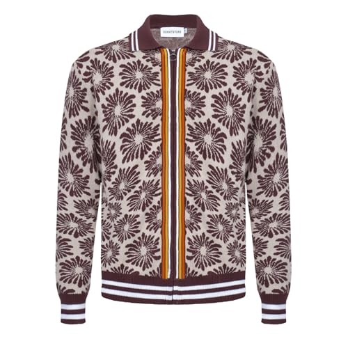 OXKNIT Herren Retro Braune Strickjacke Pullover für Männer, Casual Strick Blumen Langarm Poloshirt, Reverskragen-Stil mit Reißverschluss von OXKnitstore