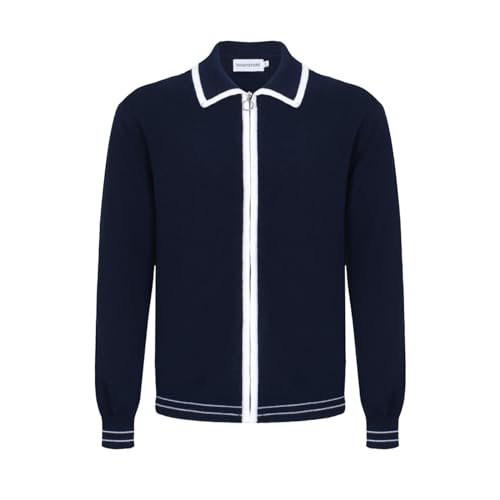 OXKNIT Herren Retro Dunkelblau Strickjacke Pullover für Männer, Casual Strick Langarm Poloshirt, Reverskragen-Stil mit Reißverschluss von OXKnitstore