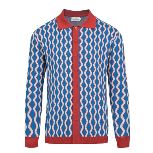 OXKNIT Herren Strickjacke Pullover für Männer, Retro Blaue und Weiße Wellen Langarm Poloshirt, Reverskragen-Stil mit Knöpfen OXKNIT Herren Strickjacke Pullover für Männer, Retro Blaue und Weiße Wellen Langarm Poloshirt, Reverskragen-Stil mit Knöpfen von OXKnitstore