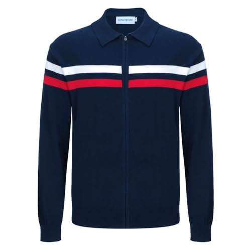 OXKNIT Herren Retro Strickjacke Pullover für Männer, Casual Strick Dunkelblau Langarm Poloshirt, Reverskragen-Stil mit Reißverschluss von OXKnitstore