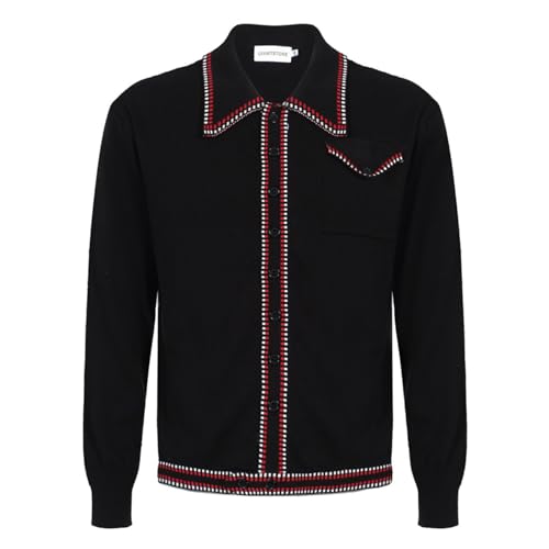 OXKNIT Herren Retro Strickjacke Pullover für Männer, Casual Strick Schwarz Langarm Poloshirt, Reverskragen-Stil mit Knöpfen von OXKnitstore
