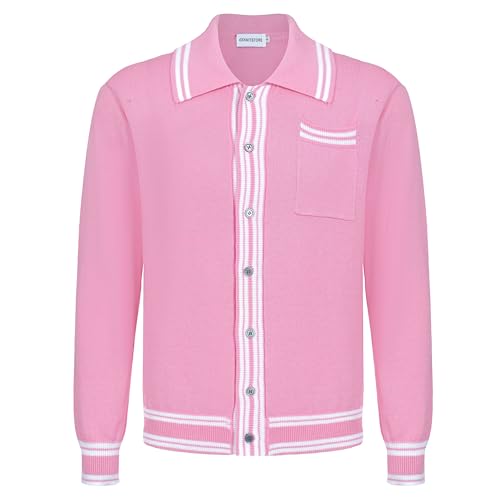 OXKNIT Herren Retro Strickjacke Pullover für Männer, Casual Strick Weiß Rosa Langarm Poloshirt, Reverskragen-Stil mit Knöpfen von OXKnitstore