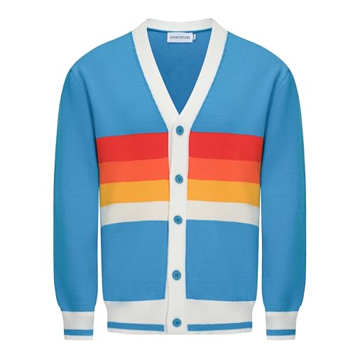 OXKNIT Herren Strickjacke Pullover mit V-Ausschnitt und Knöpfen, 1960er Retro Style Blau Stricken Langarmshirts Mantel von OXKnitstore