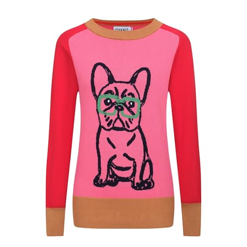 OXKnit Damen Rosenrot T-Shirts Retro Knit Rundhals Casual Hundemuster Langarm Top von OXKnitstore
