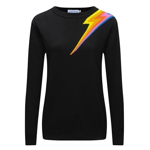 OXKnit Damen Schwarz T-Shirts 1960er Jahre Retro Knit Crewneck Basic Blitzmuster Casual Langarm Top von OXKnitstore