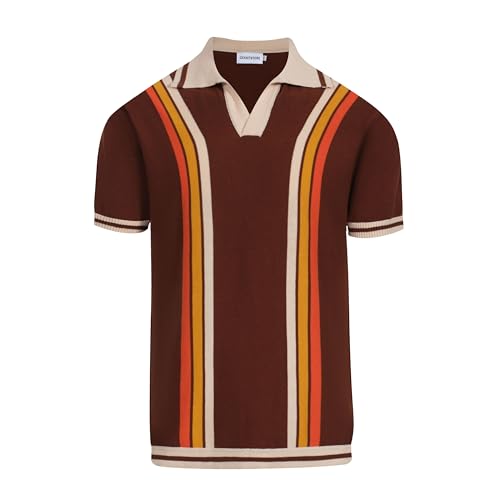 OXKnit Herren Kurzarm Polo Shirt Gestrickt Vintage 1960s Mod Style Retro Gestreift Braun von OXKnitstore