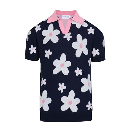 OXKnit Herren Kurzarm Polo Shirt Gestrickt Vintage 1960s Mod Style Retro Dunkelblau Blume von OXKnitstore