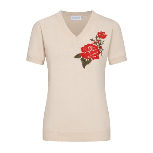 OXKnit Retro Helles Aprikosen T-Shirts Damen 1960er Jahre Retro-Blumenmuster Stricken Kurze Ärmel lässig Top von OXKnitstore