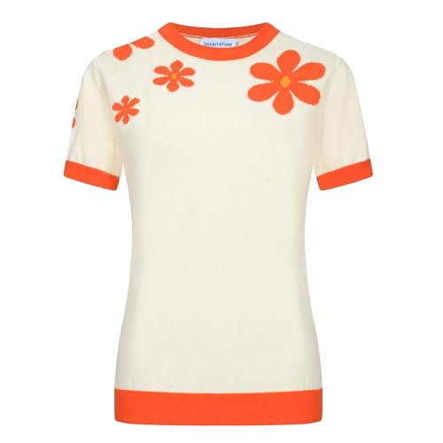 OXKnit T-Shirts Damen 1960er Jahre Retro Blume Stricken Kurze Ärmel Crewneck lässig Stricken Top von OXKnitstore
