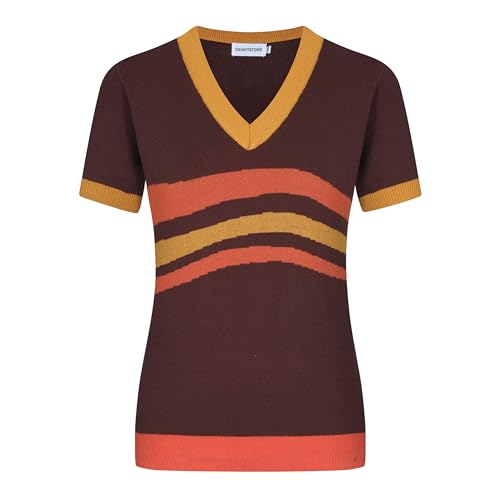 OXKnit Braun T-Shirts Damen 1960er Jahre Retro StreifenStricken Kurze Ärmel V-Neck lässig Stricken Top von OXKnitstore