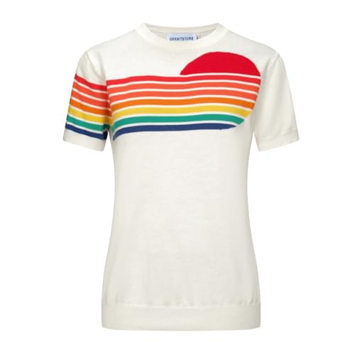 OXKnit Weiß T-Shirts Damen 1960er Jahre Retro Regenbogen Stricken Kurze Ärmel Crewneck lässig Stricken Top von OXKnitstore