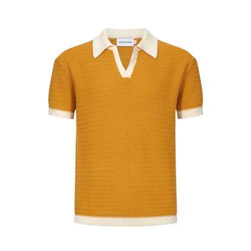 OXKnitstore OXKNIT Herren Casual 1960er Mod Style Vintage Strick-Poloshirt Kurzarm Golf-Shirts Weich Bequem, Weißer Kragen, Gelb, L von OXKnitstore