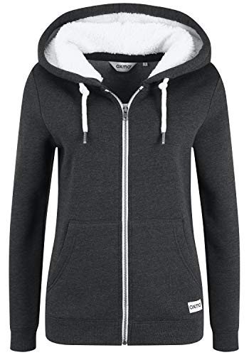 OXMO Binja Damen Lange Sweatjacke Kapuzenjacke Hoodie mit Teddyfell-Kapuze, Größe:L, Farbe:Dark Grey Melange (1940071) von OXMO