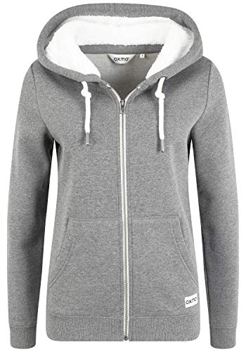 OXMO Binja Damen Lange Sweatjacke Kapuzenjacke Hoodie mit Teddyfell-Kapuze, Größe:L, Farbe:Grey Melange (1840051) von OXMO