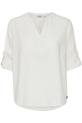 OXMO OXANJA Damen Tunika Bluse Langarm Klassische Leinenbluse mit V-Ausschnitt und Knöpfen Regular Fit und Knöpfbare Ärmel, Größe:42, Farbe:Off White (114800) von OXMO