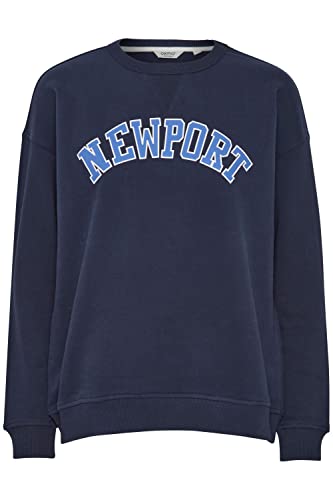 OXMO OXCOLEEN Damen Sweatshirt Pullover Sweater O-Neck Crewneck College-Look Frontprint überschnittene Ärmel 100% Baumwolle, Größe:XS, Farbe:Total Eclipse (194010) von OXMO