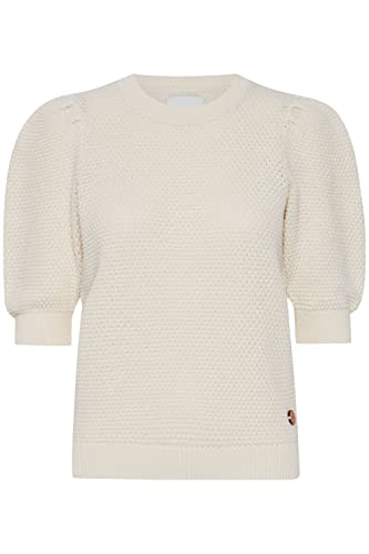 OXMO OXMicha Pullover Damen T-Shirt Kurzarm Shirt O-Neck halblange Ärmel Kurzarm Rippbündchen Struktur-Strick mit Holz-Detail, Größe:L, Farbe:Birch (130905) von OXMO