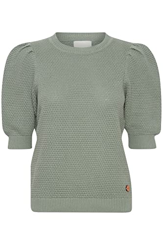 OXMO OXMicha Pullover Damen T-Shirt Kurzarm Shirt O-Neck halblange Ärmel Kurzarm Rippbündchen Struktur-Strick mit Holz-Detail, Größe:L, Farbe:Sea Spray (176212) von OXMO