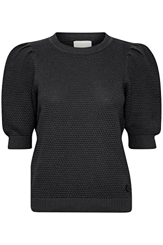 OXMO OXMicha Pullover Damen T-Shirt Kurzarm Shirt O-Neck halblange Ärmel Kurzarm Rippbündchen Struktur-Strick mit Holz-Detail, Größe:S, Farbe:Black (194007) von OXMO