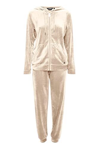 OXMO OXMitta Damen Jogginganzug Trainingsanzug Freizeitanzug mit Kapuze Kordelzug Eingrifftaschen leicht elastisch Regular fit, Größe:S, Farbe:Cement (140708) von OXMO