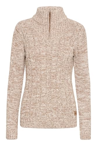 OXMO OXPhepe Damen Troyer Strickpullover Pullover mit Troyerkragen Label-Badge Rippbündchen 100% Baumwolle Regular fit, Größe:L, Farbe:Dune (795409) von OXMO