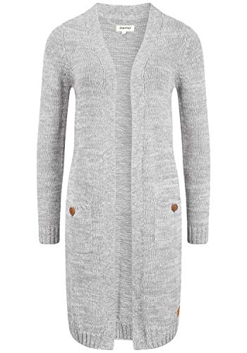 OXMO OXPhiletta Damen Lange Strickjacke Grobstrick Cardigan Longstrickjacke aufgesetzte Taschen 100% Baumwolle Regular fit, Größe:S, Farbe:LIG Grey M (798242) von OXMO