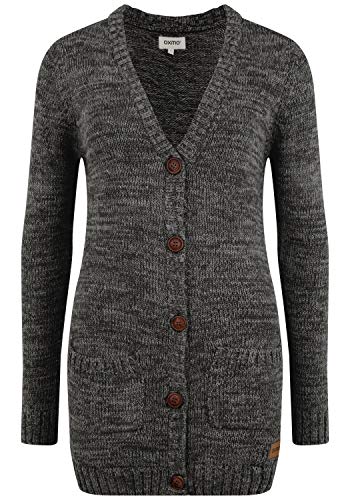 OXMO OXPhilemona Damen Lange Strickjacke Grobstrick Cardigan Longstrickjacke mit aufgesetzten Taschen Knöpfen 100% Baumwolle Regular fit, Größe:L, Farbe:Black (799000) von OXMO