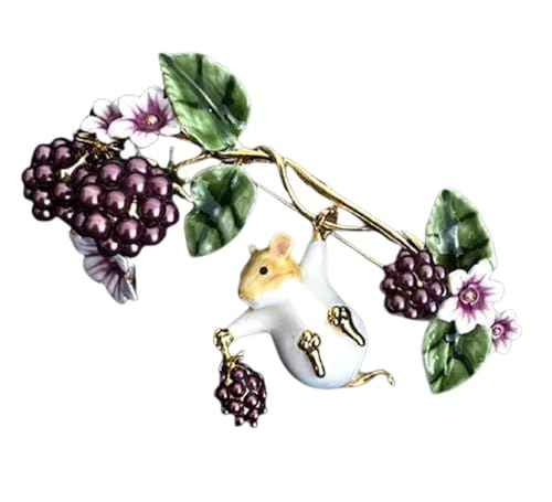 Broschen Tierbrosche handbemalt und Pflanzen Emaille Farbe Glasur Wühlmaus lila Perle Himbeere verspielt Spaß Blume Schmuck Ornamente Anstecknadeln von OXOAMP