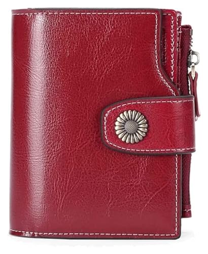 OXOAMP Geldbörsen Brieftasche, 100% Damen-Leder-Geldbörse, blockiert kurzer Kartenhalter, großes Fassungsvermögen, Münzfach, Bifold-Kreditkarten-Geldbörsen Mode (Color : Red, Size : 12.5x10.5cm) von OXOAMP