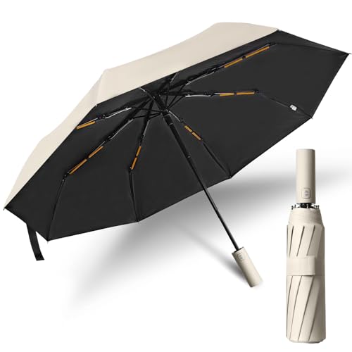 OXTXO Kompakter Reise-Regenschirm mit UV-Schutz – Automatisch Öffnen & Schließen, Winddicht, Leicht & Faltbar, Kleiner Taschenschirm für Damen & Herren, ideal für Handtasche oder Auto (Beige) von OXTXO