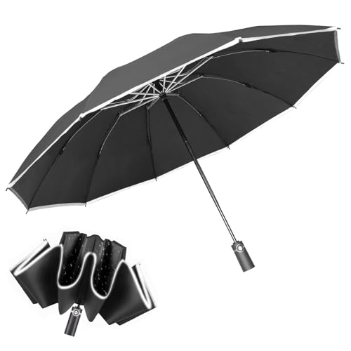 Winddichter Reise-Regenschirm mit umgekehrter Faltung – Automatikschirm mit Reflektorstreifen & 10 verstärkten Rippen, tropffrei, kompakt & leicht für Auto, Rucksack, Büro von OXTXO