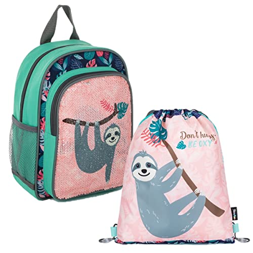 Familando Faultier Rucksack Türkis/Rosa mit Pailletten | 4tlg. Set für Kinder | mit Brotdose, Trinkflasche und Turnbeutel | Mädchen Kindergarten Tasche von OXY BAG