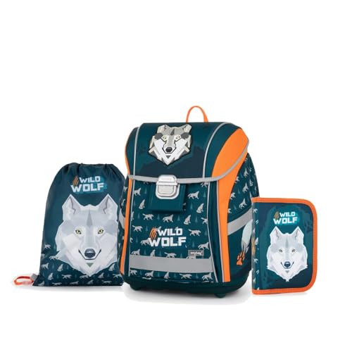 OXY BAG Schulranzen 3 TLG Set Wolf Premium Light Ergonomische Schulrucksack Set Ergonomisch, 27L, Reflektoren, mit Etui & Sportbeutel Schulset mädchen für 1. - 3. Klasse Back to School von OXY BAG