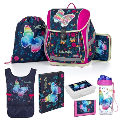 OXY BAG Schulranzen 8 TLG Ergonomische Schulranzen Set Schmetterling Sportbeutel Federmappe Kunstponcho Trinkflasche Snackbox Schulset mädchen für 1. - 3. Klasse Back to School von OXY BAG