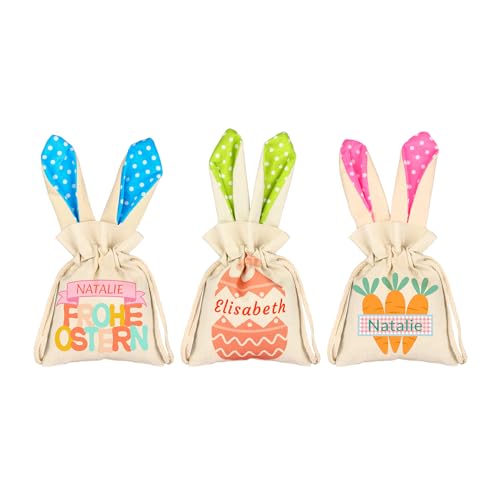 OXYEFEI Ostertasche Kinder Personalisiert, Jute Osterbeutel mit Namen&Muster Frohe Ostern 3 Farben Hase Ohren Osterdeko Ostertüten zum Befüllen Ostergeschenke von OXYEFEI