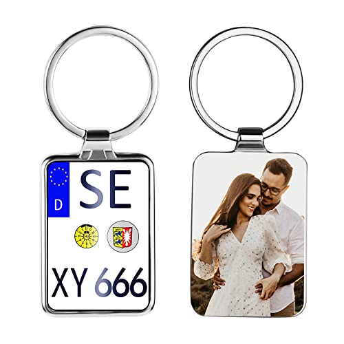 OXYEFEI Personalisierter Kennzeichen Schlüsselanhänger, Foto Auto Nummernschild Beidseitig Bedruckt Anhänger mit Name KFZ Geschenk für Führerschein Männer von OXYEFEI