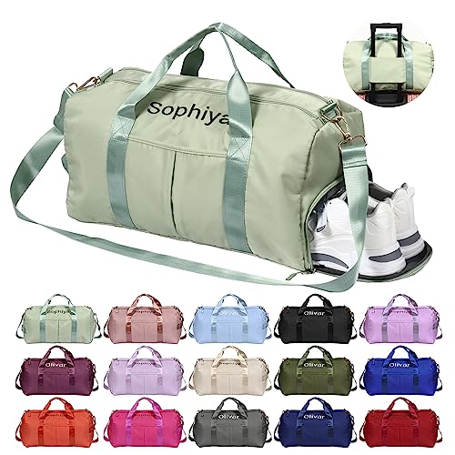 Personalisiert Sporttasche Damen, Wasserdicht Gym Bag mit Sporthandtuch OXYEFEI Embroidery Namen Klassische Sporttaschen Faltbare als Groß Mommy Bag Schwimmtasche Fitness für Damen Mama(Hellgrün) von OXYEFEI