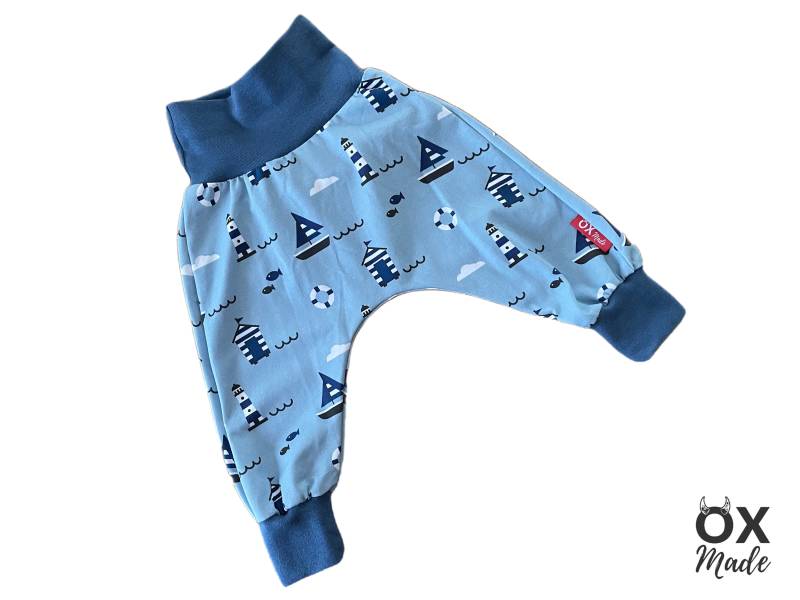 Pumphose "Tag Am Meer" Baby Kleinkind Maritim Hellblau Gr. 56-104 Babyhose Mitwachsend Krabbelhose By Oxmade von OXmade