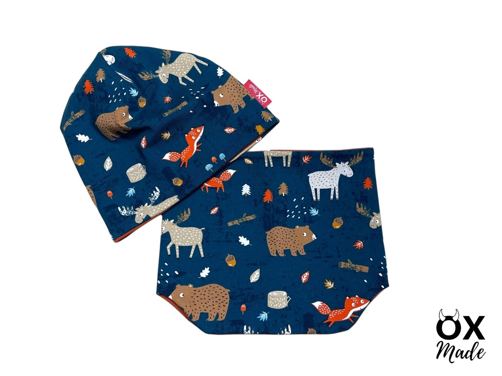 Set "Waldtiere" Mütze & Schal Beanie Halssocke Bär Fuchs Elch Reh Dunkelblau Rost Bio-Baumwolle By Oxmade von OXmade