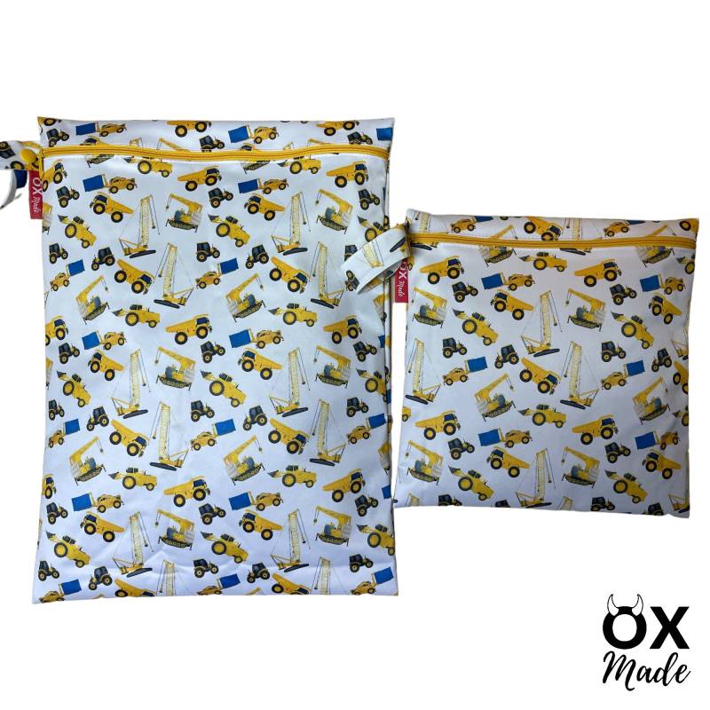 Wetbag "Baustelle" Personalisierte Nasstasche Badetasche Bagger Kran Kipplaster Traktor Weiß Gelb By Oxmade von OXmade